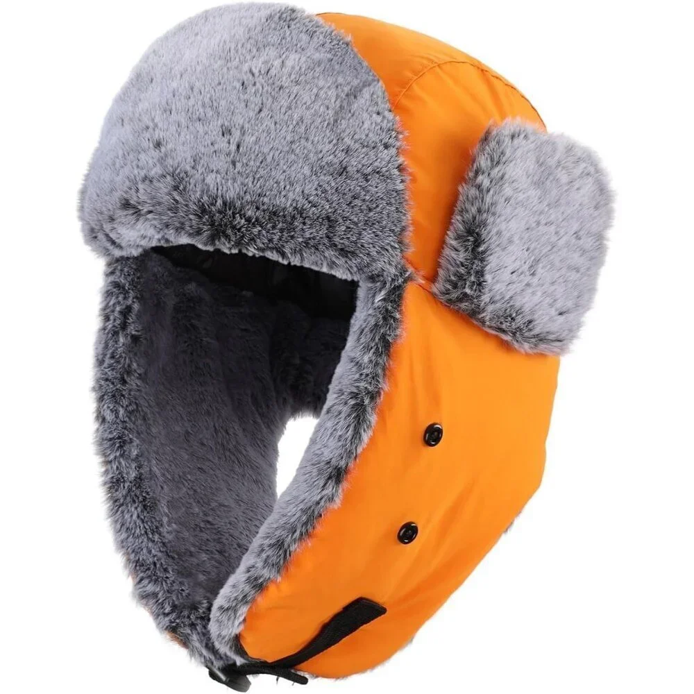 Men's Orange Trapper Hat Faux Fur Trooper Hunting Cap with Face Mask